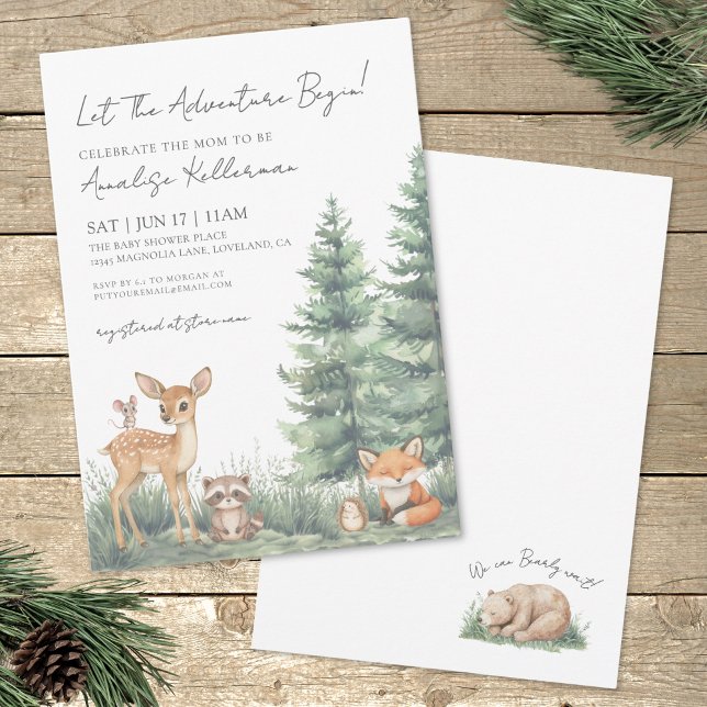 Convite Animais da Floresta de Madeira Aventura Chá de Beb (Woodland Forest Animals Adventure Baby Shower Invitation)