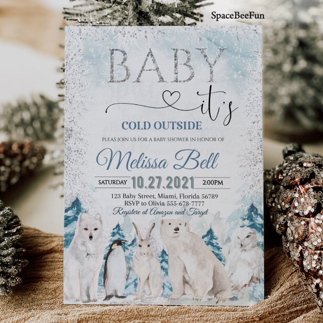 Convite Animais da floresta do Ártico chá de fraldas de in (Woodland animal Arctic animals Winter baby shower invitation Baby it's cold outside )