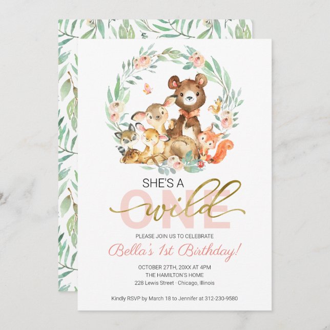 Convite Animais da Floresta Ela é Selvagem Um Primeiro Ani (Frente/Verso)