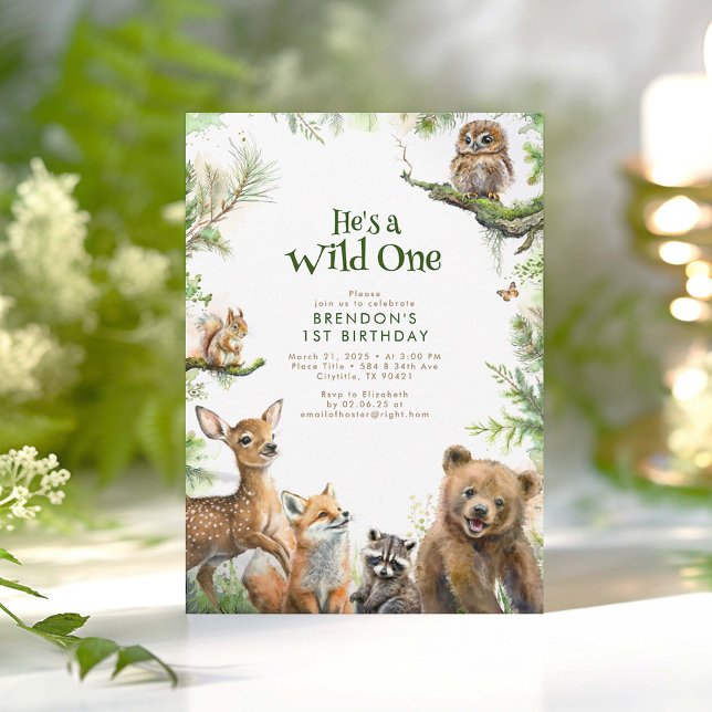 Convite Animais da floresta Ele é um primeiro aniversario  (He's A Wild One - Cute Little Woodland Animals 1st Birthday Invitations)