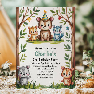 Convite Animais da Floresta em Aquarela Fofa Aniversário