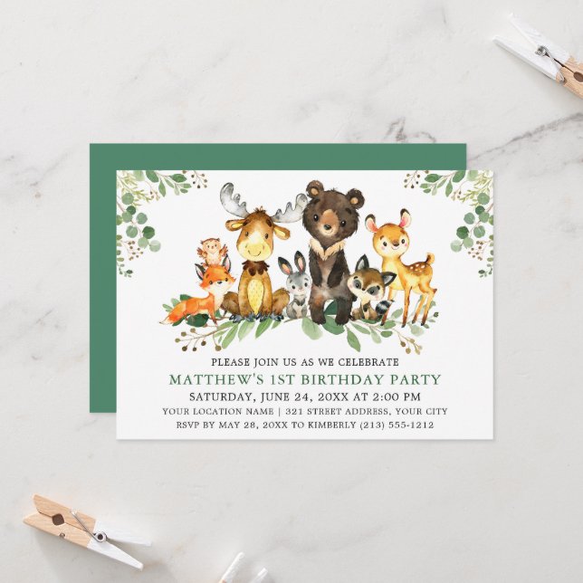 Convite Animais da Floresta em Aquarela para Primeiro Aniv (Frente/Verso In Situ)