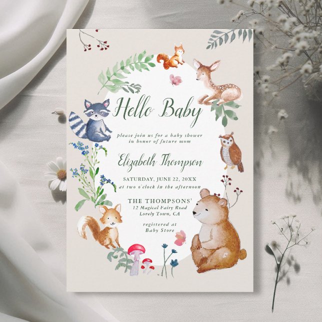 Convite Animais da Floresta Encantados Chá de fraldas de F (woodland baby shower invitation enchanted woods forest bear fox deer wildflowers magic blue green)