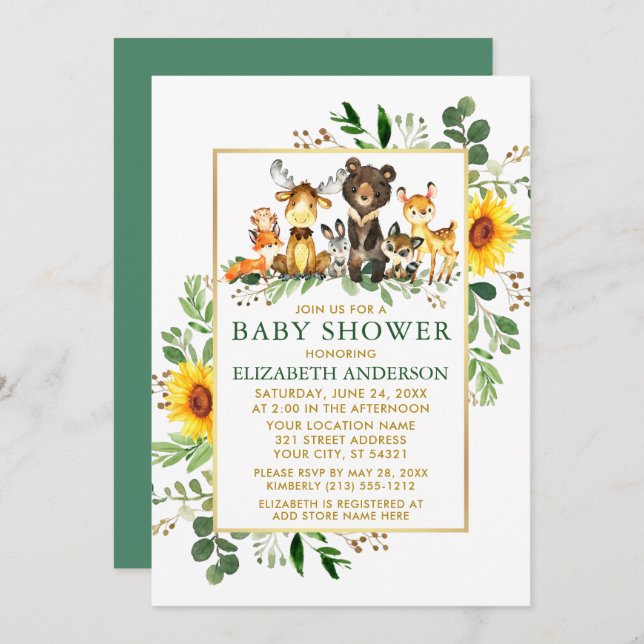 Convite Animais da Floresta Girassóis Chá de fraldas verde (Frente/Verso)