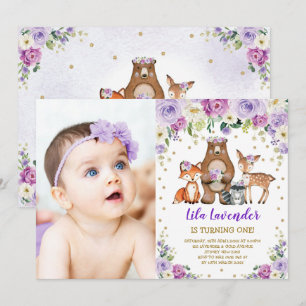 Convite Animais da Floresta Lavanda de Aniversário