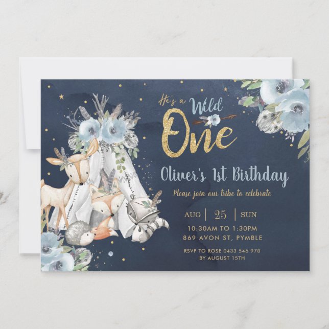 Convite Animais da Floresta Marinho Tribal Dourado Um prim (Frente)