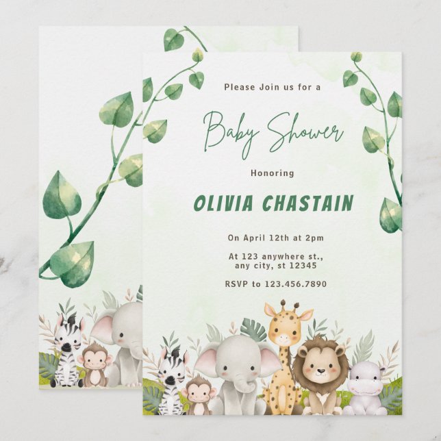 Convite Animais da Floresta Moderna Chuvada de Bebê Menina (Frente/Verso)