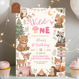 Convite Animais da Floresta Rosa Aniversário de Menina Wil