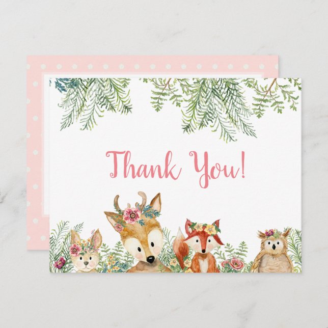 Convite Animais da Floresta Rosa Boho Deer n Fox Obrigado (Frente/Verso)