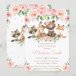 Convite Animais Da Floresta Rosa Chá de fraldas Floral De 