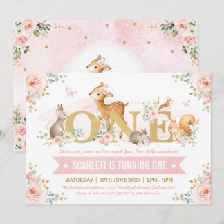 Convite Animais da Floresta Rosa Dourado primeiro aniversa