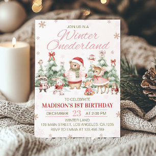 Convite Animais da Floresta Rosa Inverno Onederland Aniver