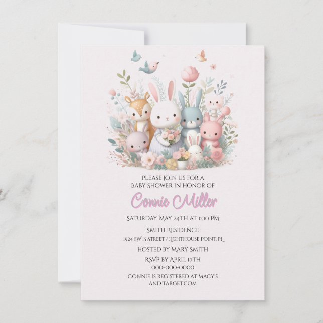 Convite Animais da Floresta Rosa Pastel Churrasco de Bebê (Frente)