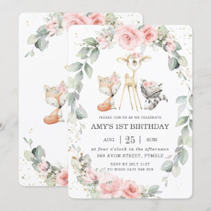 Convite Animais da Floresta Rosa Verde Floral