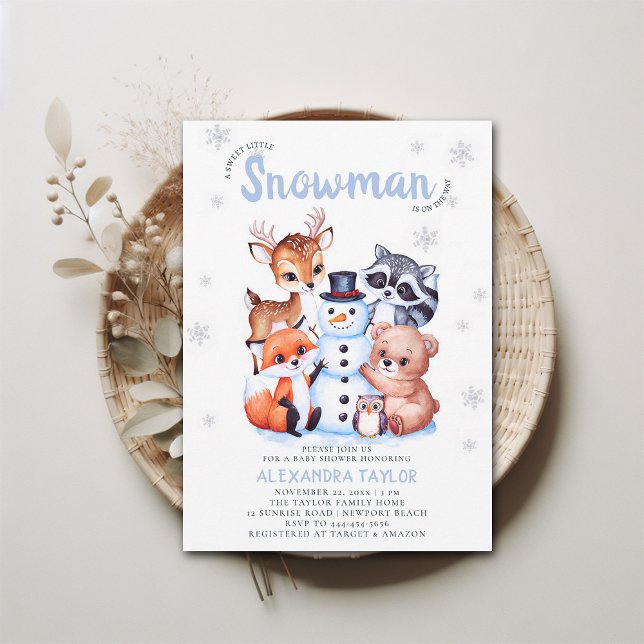 Convite Animais da Floresta Snowman Winter Boy Chá de fral (winter baby shower invitation boy woodland snowman cute characters watercolor illustration)