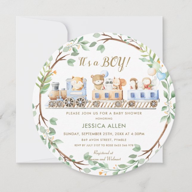 Convite Animais da Floresta Treinam Chá de fraldas verde   (Frente)