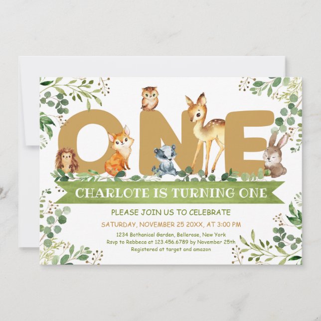 Convite Animais da floresta Um aniversário de menino verde (Frente)