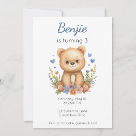Convite Animais da Floresta Urso de Aniversário Menino Cor