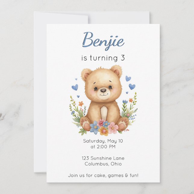 Convite Animais da Floresta Urso de Aniversário Menino Cor (Frente)