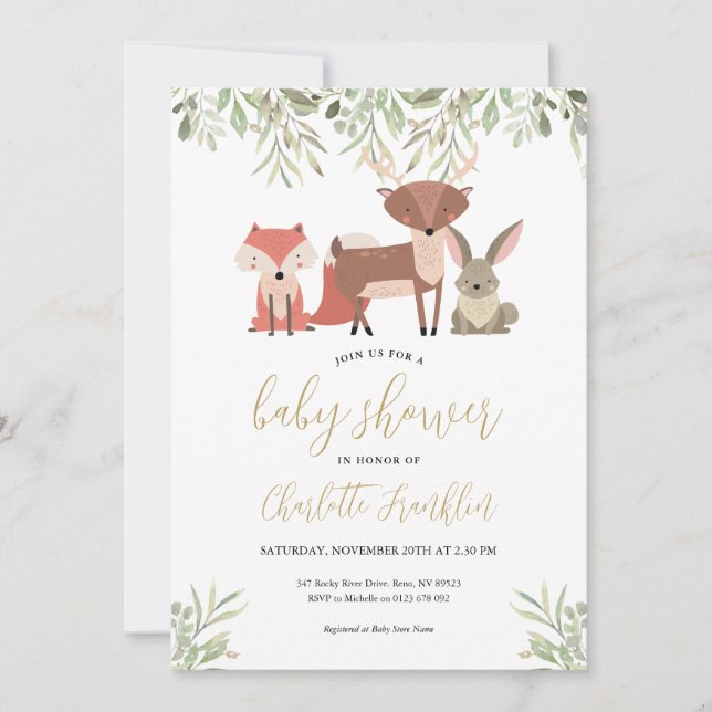Convite Animais da Floresta Verde Baby Shower (Frente)