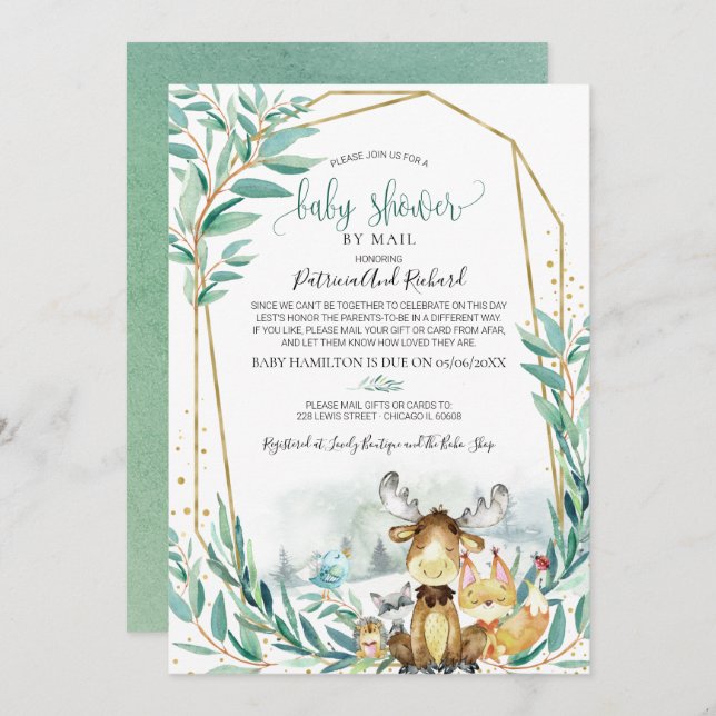 Convite Animais Da Madeira Chá de fraldas Verde Por Correi (Frente/Verso)