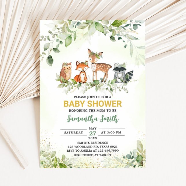Convite Animais da Savana Churras de Bebê Botânico  (Greenery Safari Animals Baby Shower Invitaiton)