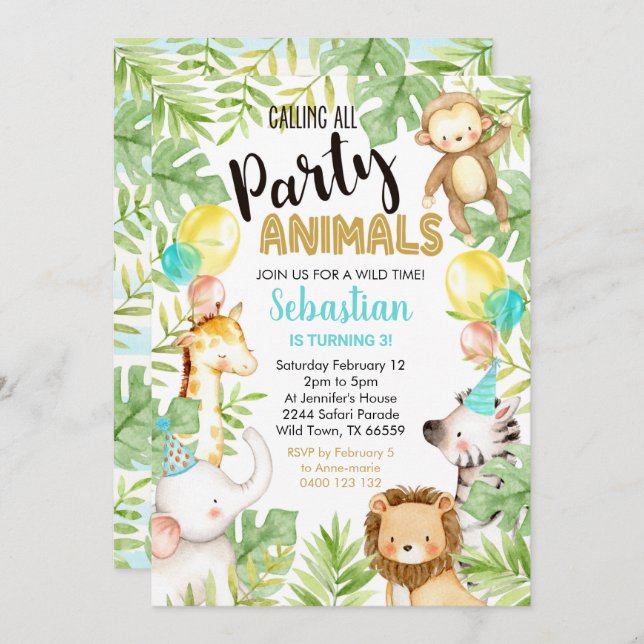 Convite Animais da Selva Convidam o Aniversário da Selva (Frente/Verso)