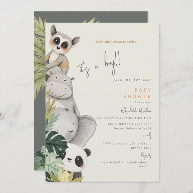 Convite Animais da Selva de Bebê É um Chá de fraldas (Frente/Verso)