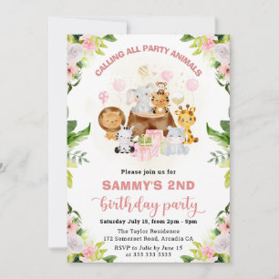 Convite Animais da Selva Rosa Aquarela Aniversário Infanti