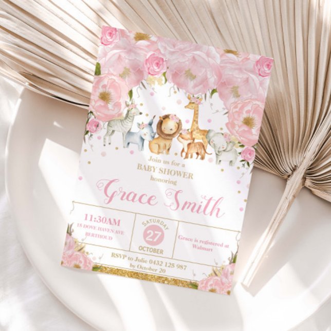 Convite Animais da Selva Rosa Bege Floral Chã de Bebê  (Criador carregado)