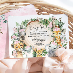 Convite Animais da Selva Rosa Blush Floral Chá