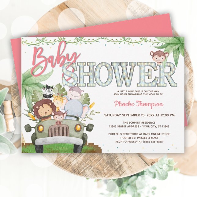 Convite Animais da Selva Rosa - Chá de Bebê (Pink Safari Animals Baby Shower Invitation)