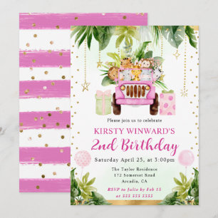 Convite Animais da Selva Rosa em Aquarela Aniversário de C