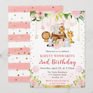 Convite Animais da Selva Rosa em Aquarela Aniversário de C