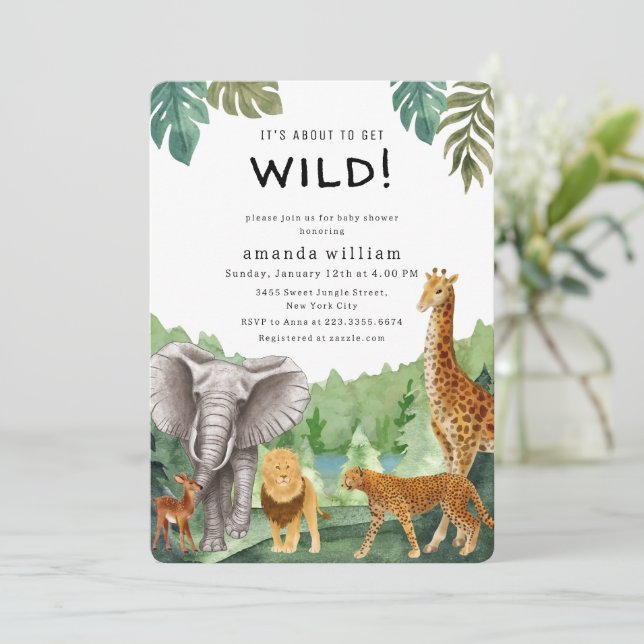 Convite Animais da Selva Safari Floresta Chá de Bebê  (Em pé/Frente)