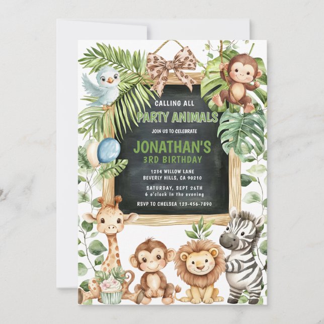 Convite Animais da Selva Safari Verde Aniversário (Frente)