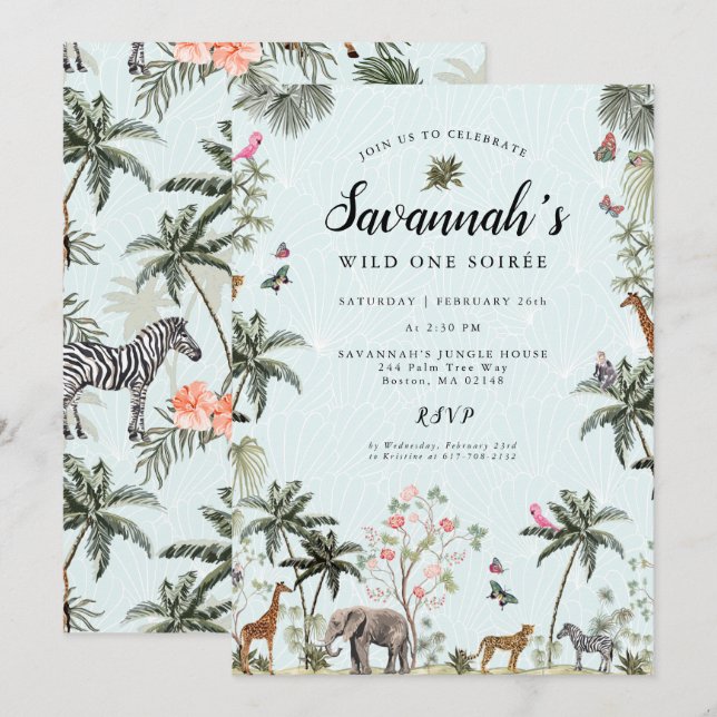 Convite Animais da Selva Tropical | Aniversário da Garota  (Frente/Verso)