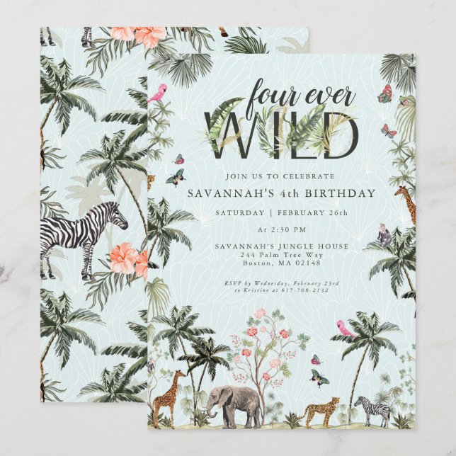 Convite Animais da Selva Tropical | Four Ever Wild (Frente/Verso)
