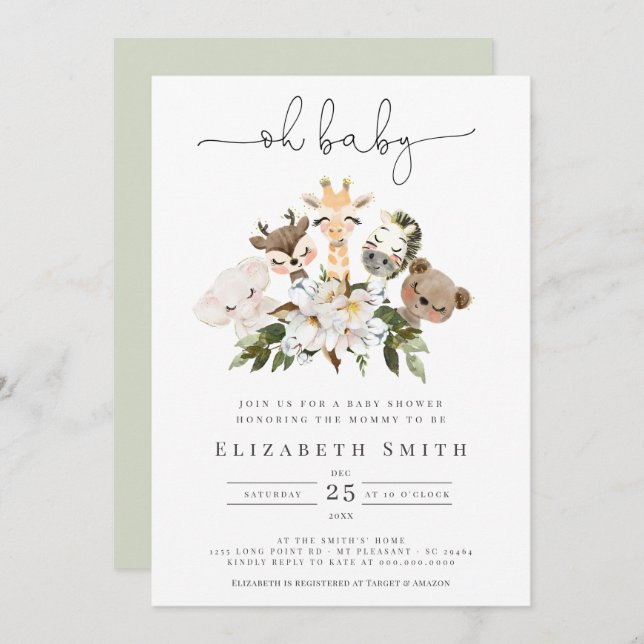 Convite Animais de Aquarela Faux Dourado Floral Oh Chá de  (Frente/Verso)