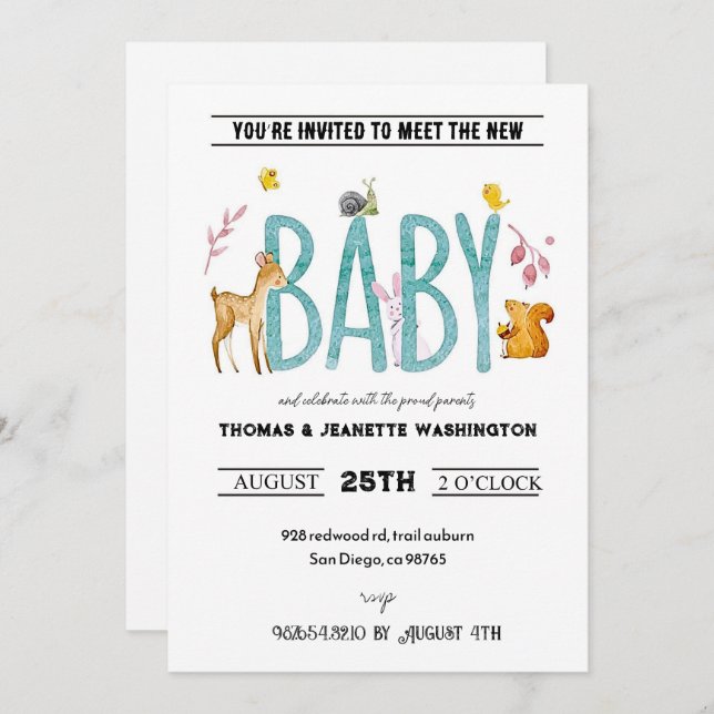 Convite Animais de aquarela - ver e encontrar (Frente/Verso)