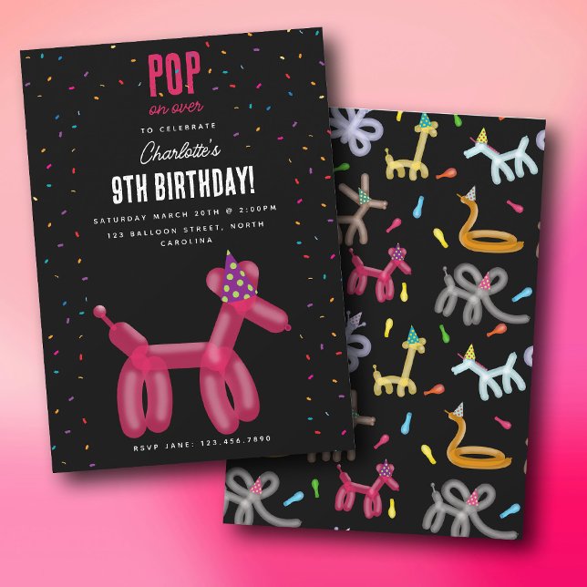 Convite Animais de Balão Tema de Festa de Aniversário de C (Balloon Animals Dog Kids Birthday Party Theme Invitation)