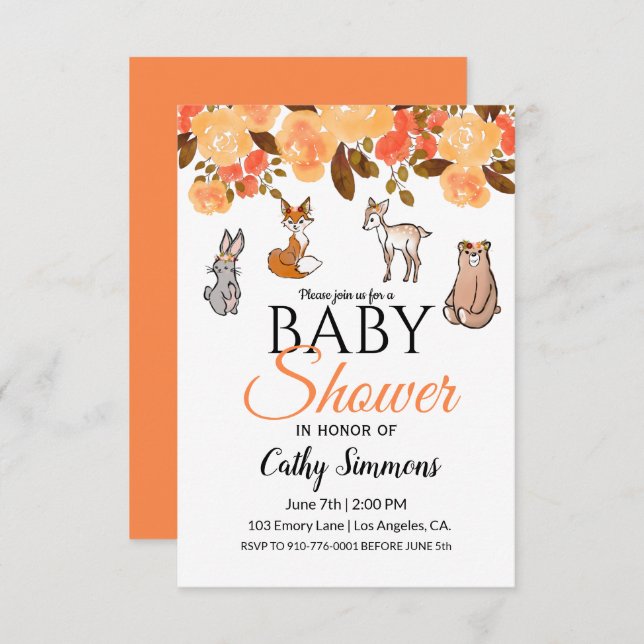 Convite Animais De Bebê Da Floresta Cura | CHÁ DE FRALDAS (Frente/Verso)