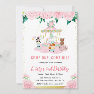 Convite Animais de Circo Floral Rosa em Aquarela Aniversár