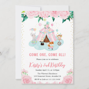 Convite Animais de Circo Floral Rosa em Aquarela Aniversár