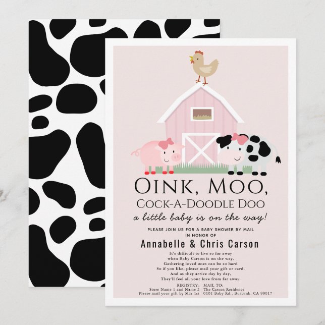 Convite Animais de criação Barnyard Chá de fraldas rosa po (Frente/Verso)