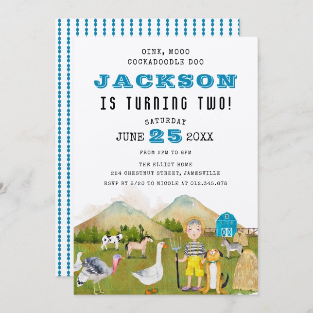 Convite Animais de criação e segundo aniversário (Frente/Verso)