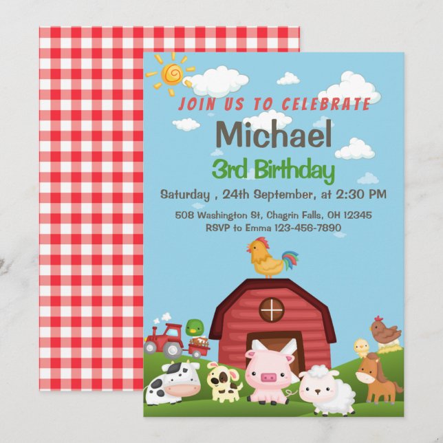 Convite Animais de Criação Red Gingham Barnyard Birthday I (Frente/Verso)