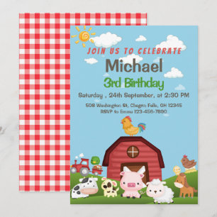 Convite Animais de Criação Red Gingham Barnyard Birthday I