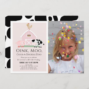 Convite Animais de Fazenda Barnyard Foto de Garota Rosa An
