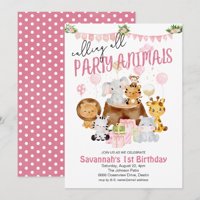 Convite Animais de Festa Aniversário Rosa (Frente/Verso)
